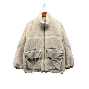 AMOR Fleece Sherpa Jacket Women's L Beige Oversized Zip Front Pockets Cozy Warm